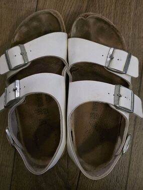 Birkenstock White Double-Strap Sandals with Silver Buckles